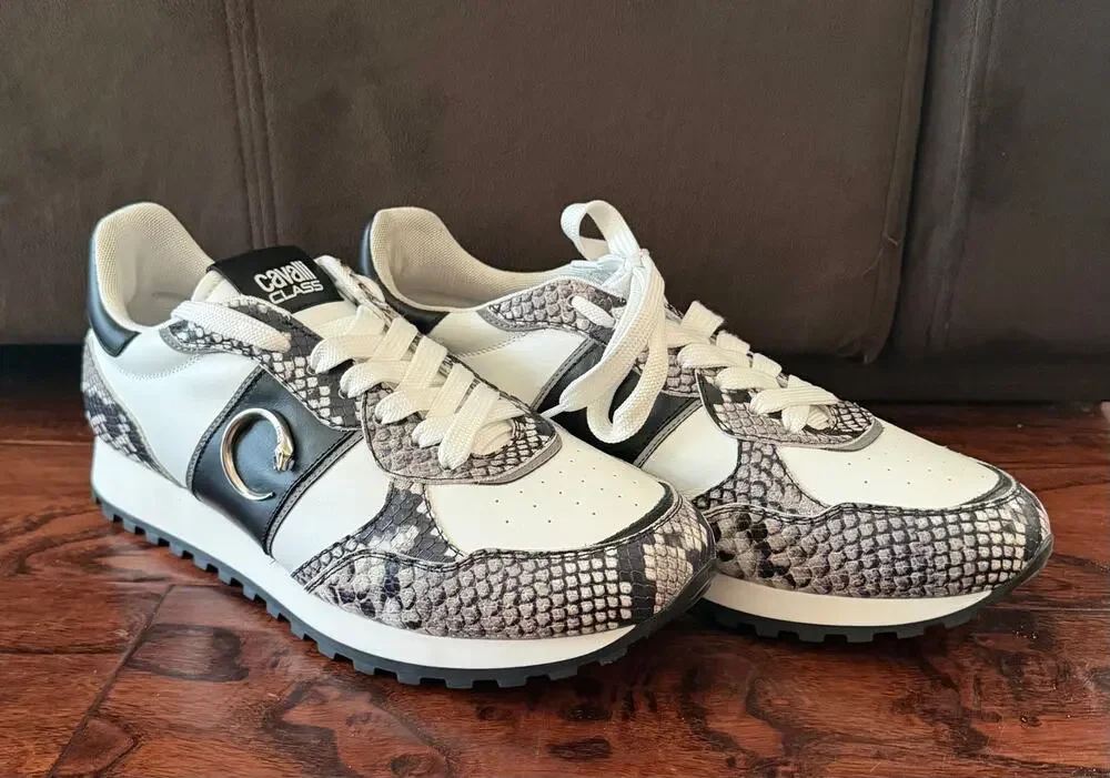 $795 Cavalli Class Men’s Sneakers 13(46) White Black Python Print Leather NIB